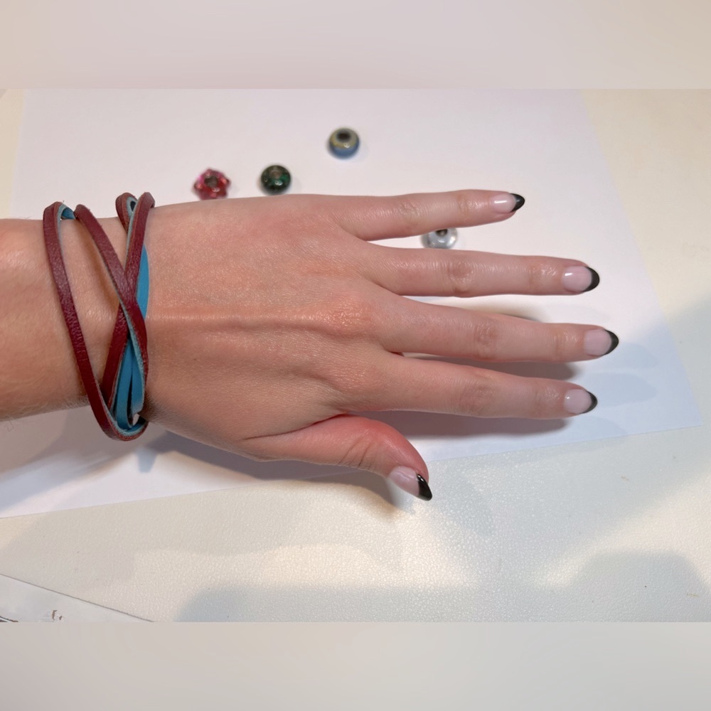 Like New Trollbeads Leather Bracelet Turquoise/Plum and Silver Lace Lock Clasp